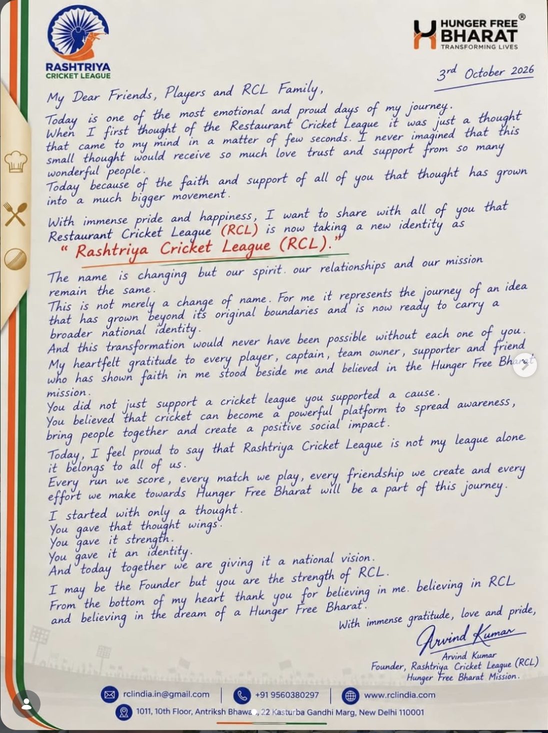 Handwritten letter from the founder, 3 October 2026