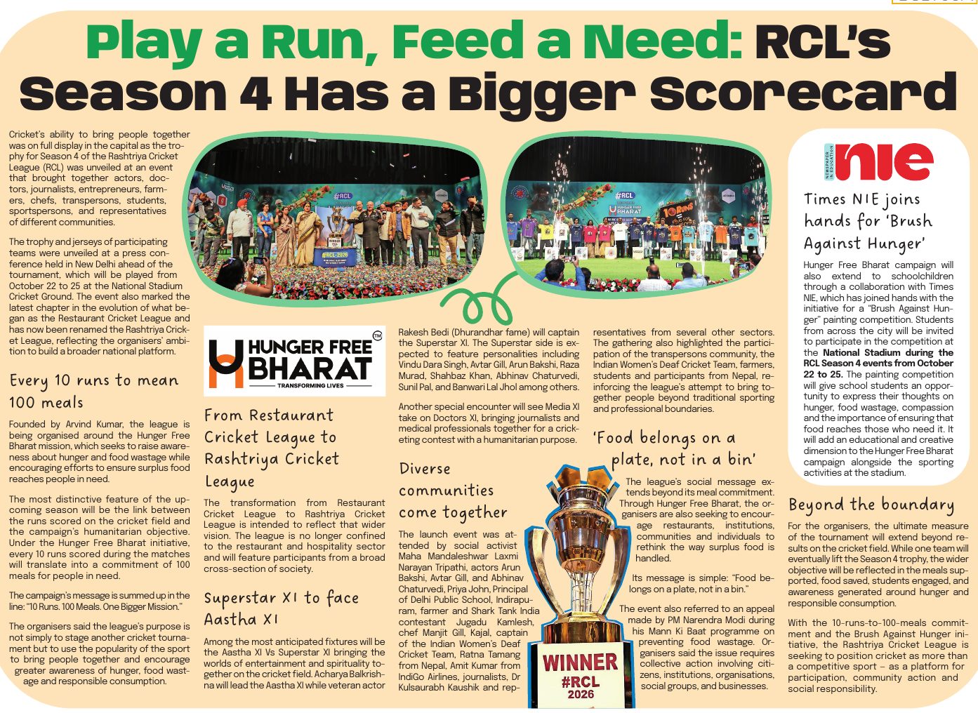 Times NIE (The Times of India) — Play a Run, Feed a Need: RCL Season 4 & Brush Against Hunger